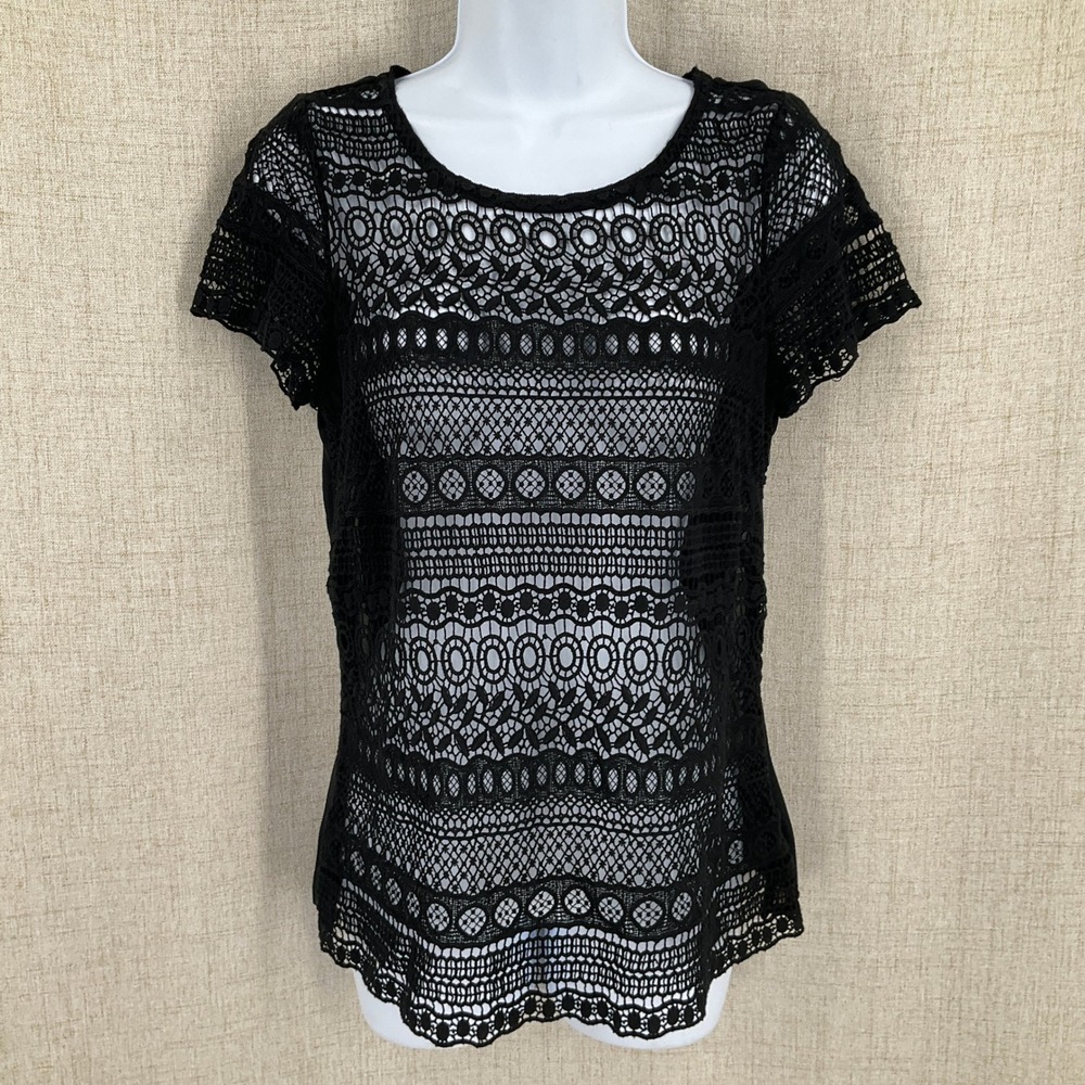 WHBM Blouse Womens 4 Black Crochet Lace Button Back Victorian Dark Romance